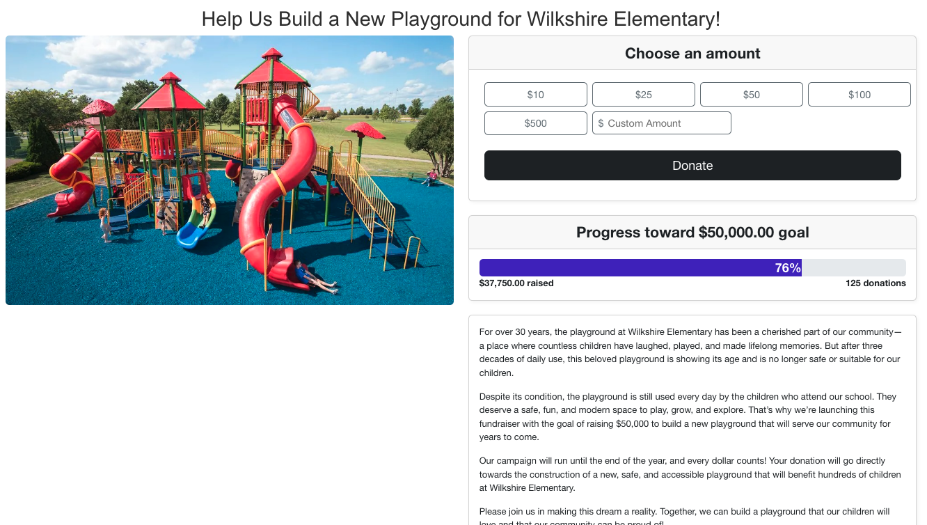 A ClassroomParent fundraising page for a playground with about 80% progress