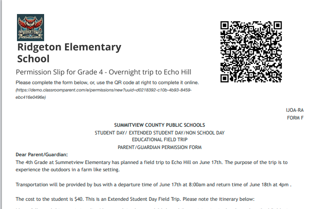 Printable Permission Slip with QR Code
