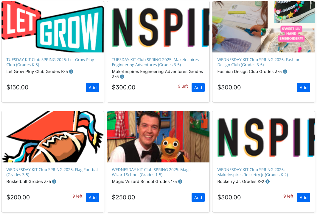 Screenshot of ClassroomParent club offerings